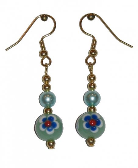Patterned Green Flower on Glass with Green Glass Top Bead Gold Earrings