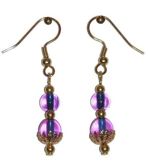 Clear Pinkish Violet Glass 'Gold Capped' with Clear Pinkish Violet Glass Top Bead Gold Earrings