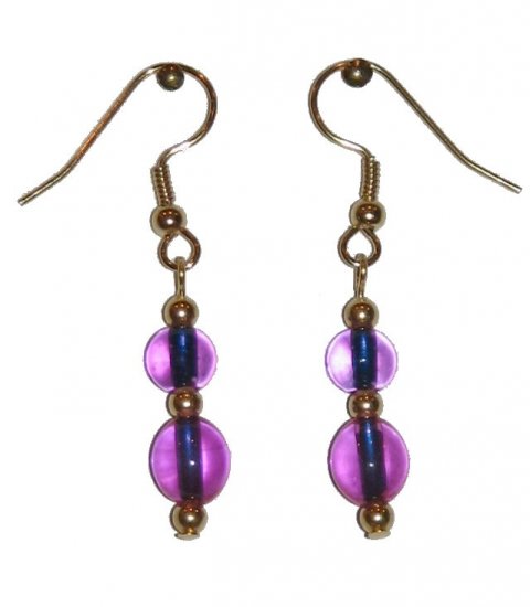 Clear Pinkish Violet Glass with Clear Pinkish Violet Glass Top Bead Gold Earrings