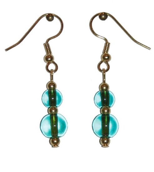 Clear Green Glass with Clear Green Glass Top Bead Gold Earrings