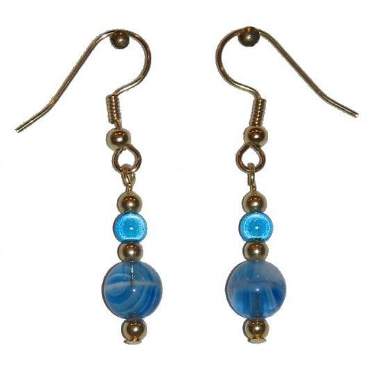 Patterned Blue & White Glass with Blue Miracle Top Bead Gold Earrings
