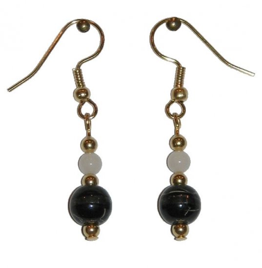 Patterned Black & Clear Glass with White Top Bead Gold Earrings