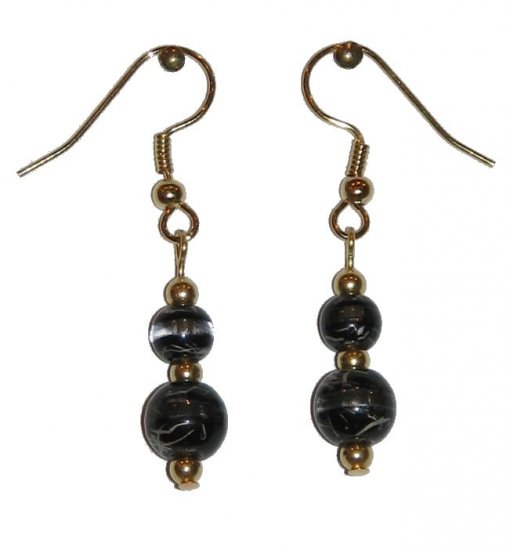 Patterned Black & Clear Glass with Black/Clear Top Bead Gold Earrings