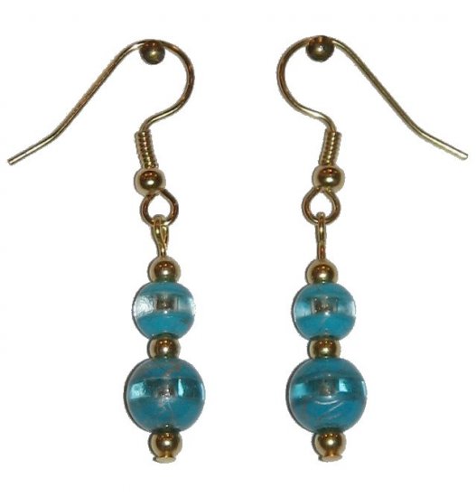 Patterned Turquoise & Clear Glass with Turquoise/Clear Top Bead Gold Earrings
