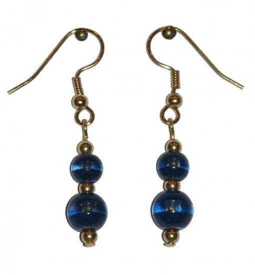 Patterned Blue & Clear Glass with Blue/Clear Top Bead Gold Earrings