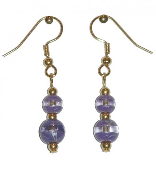 Patterned Lavender & Clear Glass with Lavender/Clear Top Bead Gold Earrings
