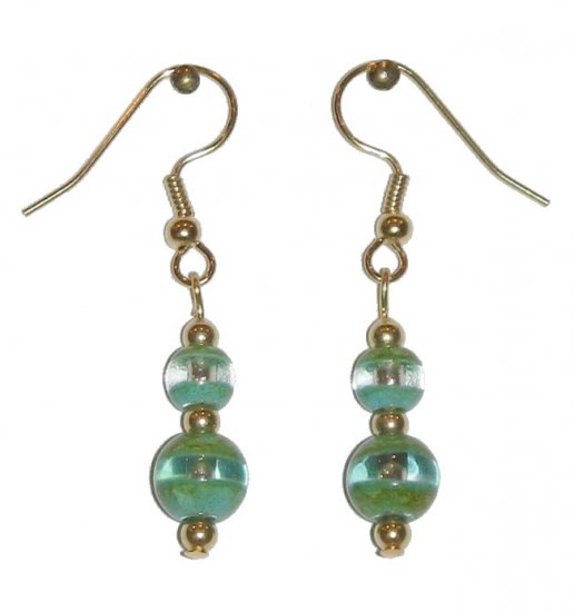 Patterned Green & Clear Glass with Green/Clear Top Bead Gold Earrings