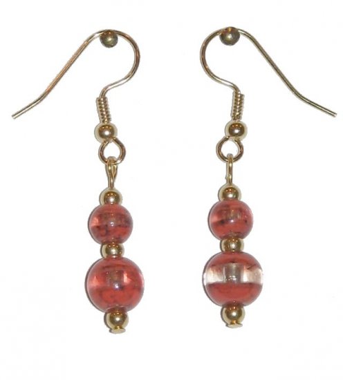 Patterned Red-Orange & Clear Glass with Red-Orange/Clear Top Bead Gold Earrings