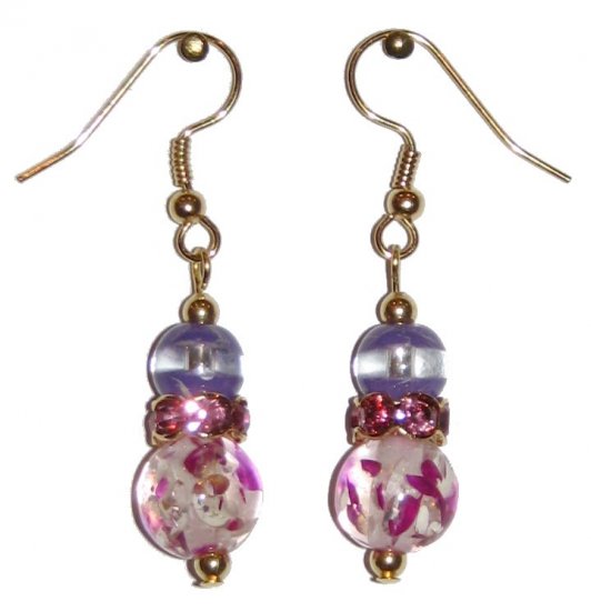 Rose Speckled Clear Glass with Violet/Clear Top Bead Pink Crowned Gold Earrings