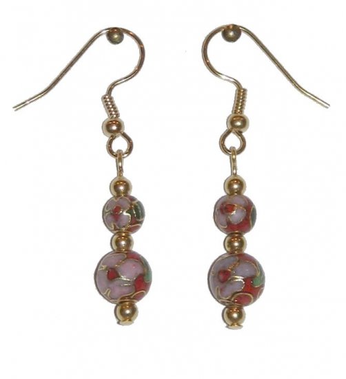 Red Cloisonné with 1 8MM & 1 6MM Beaded Gold Earrings