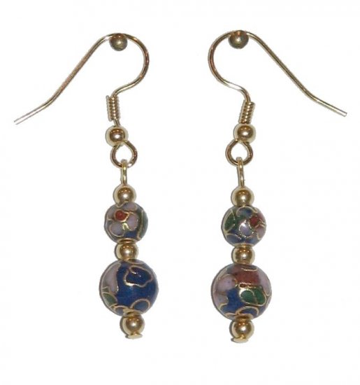 Dark Blue Cloisonné with 1 8MM & 1 6MM Beaded Gold Earrings