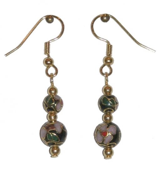 Black Cloisonné with 1 8MM & 1 6MM Beaded Gold Earrings