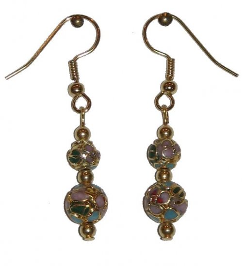Pink w/Gold plating Cloisonné with 1 8MM & 1 6MM Beaded Gold Earrings