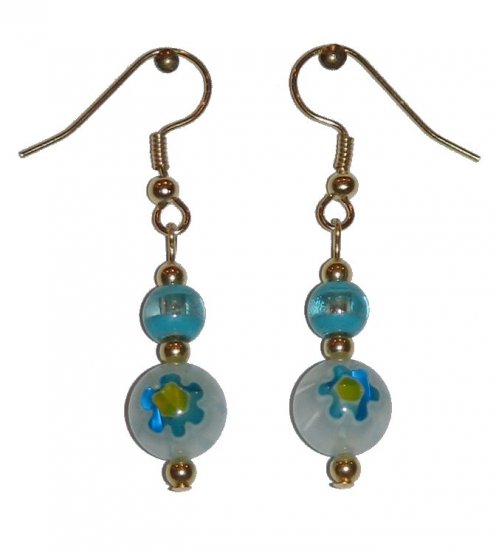 Patterned White w/Blue & Yellow Glass with Turquoise/Clear Top Bead Gold Earrings
