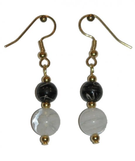 White/Clear Swirled Glass w/med Black/clear Gold Earrings