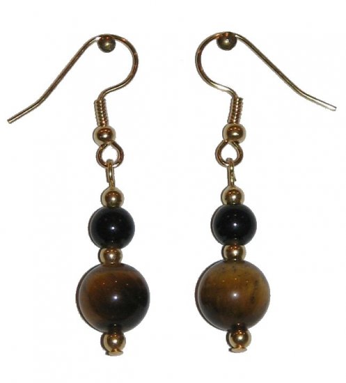 Tiger Eye Patterned Glass w/med Black Glass Gold Earrings