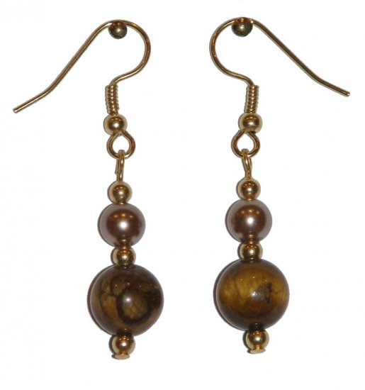 Tiger Eye Patterned Glass w/med Bronze colored Glass Gold Earrings