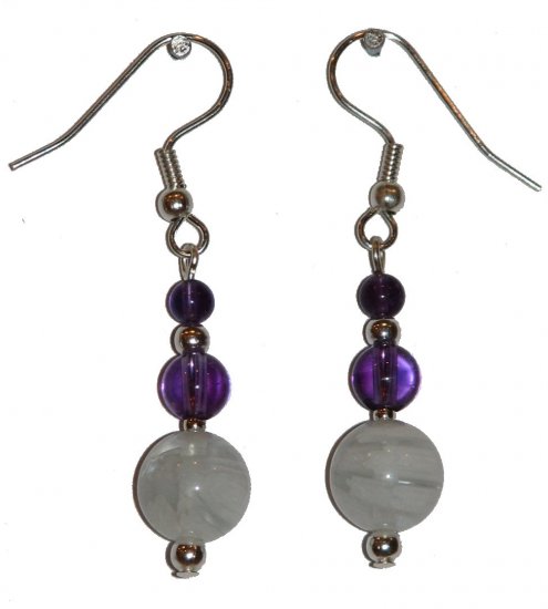 White Marbled Stone with med Clear Violet and small Violet top Silver Earrings