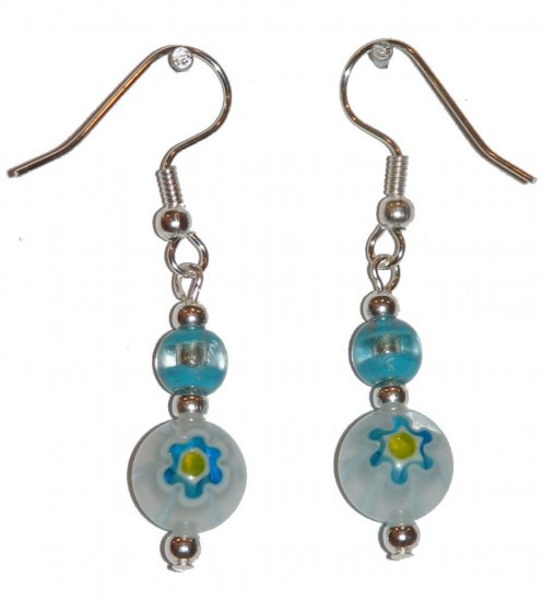 Patterned White w/Blue & Yellow Glass with Turquoise/Clear Top Bead Silver Earrings