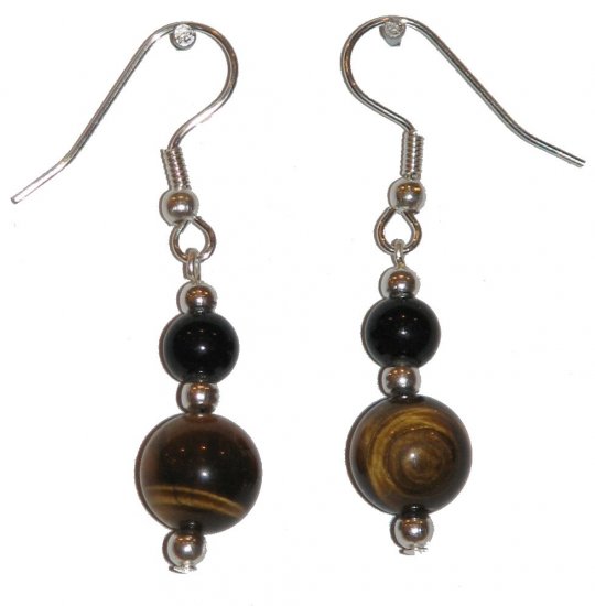Tiger Eye Patterned Glass w/med Black Glass Gold Earrings