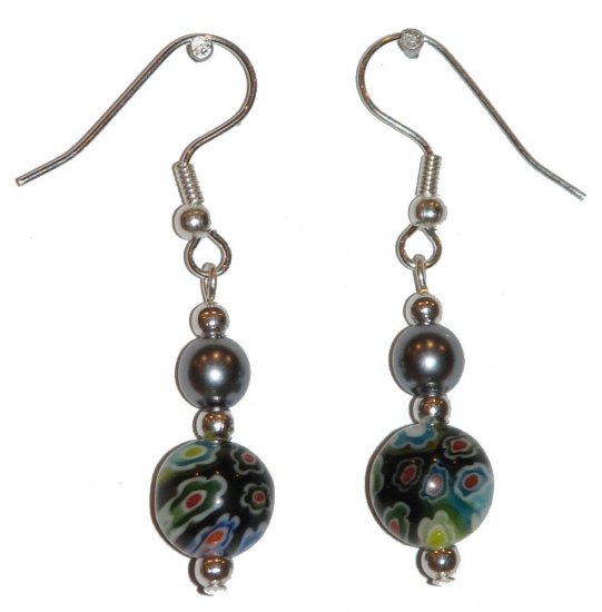 Patterned Black & Multi-colors (Wt, Rd, Ye, Gn, Bl) with Silvery Top Bead Silver Earrings