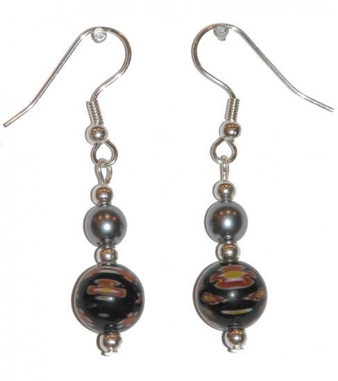 Patterned Black & Multi-colors (Wt, Ye, Or) with Silvery Top Bead Silver Earrings