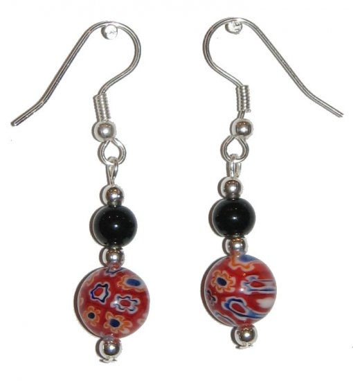 Patterned Red Glass with Multi-colored (Wt, Or, Bl, Bk) with Black Top Bead Silver Earrings