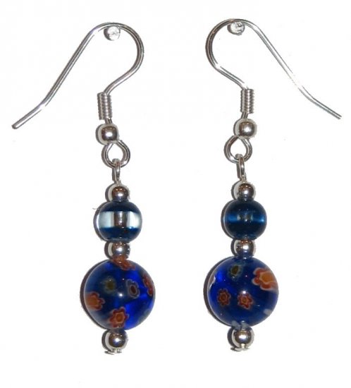 Patterned Dk Blue Glass w/Multi-color (Wt, Rd, Or, Gn) with Dk Blue/Clear Top Bead Silver Earrings