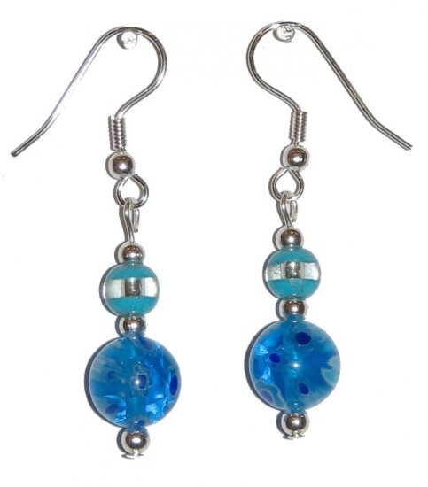 Patterned Blue/Yellow/White Flower Glass with Blue/Clear Glass Top Bead Silver Earrings