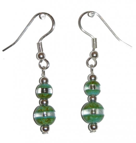 Patterned Green & Clear Glass with Green/Clear Top Bead Silver Earrings