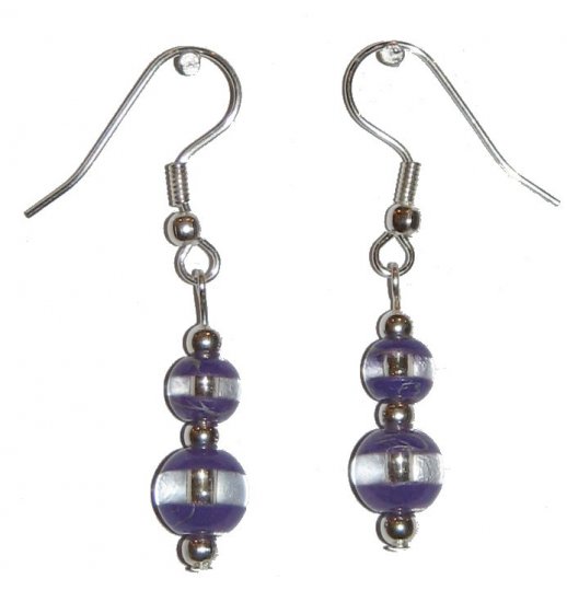 Patterned Violet & Clear Glass with Violet/Clear Top Bead Silver Earrings