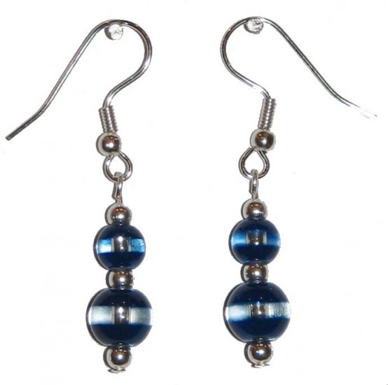 Patterned Dark Blue & Clear Glass with Dark Blue/Clear Top Bead Silver Earrings