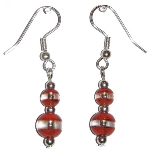 Patterned Red-Orange & Clear Glass with Red-Orange/Clear Top Bead Silver Earrings