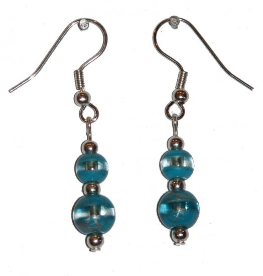 Patterned Turquoise Colored/Clear Glass with Turquoise Colored/Clear Top Bead Silver Earrings