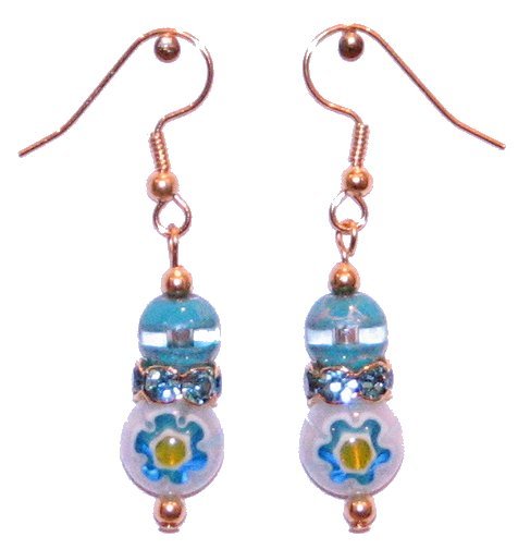 Lt Blue w/blue flower Glass with Turquoise/Clear Top Bead Lt Blue Crowned Gold Earrings