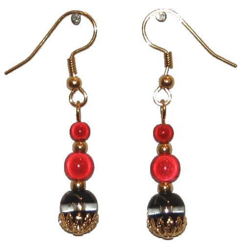 Black & Clear Glass Gold Capped w/ two red miracle beads gold earrings