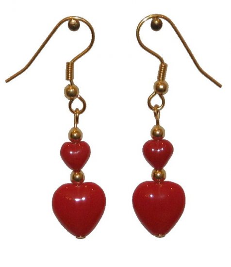 Red Opaque Glass Hearts (1 Large & 1 Small) Glass Gold Valentine Earrings