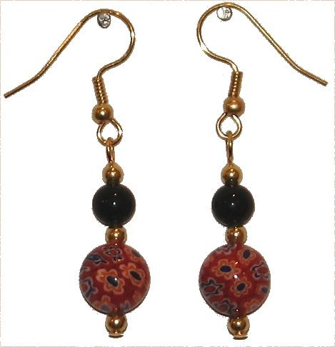 Patterned Red Glass with Multi-colored (Wt, Or, Bl, Bk) with Black Top Bead Gold Earrings