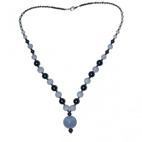 Blue Lace Agate / Dark Blue Pearl Glass Beaded 21" w/ 3/4" Diam. Pendant Necklace