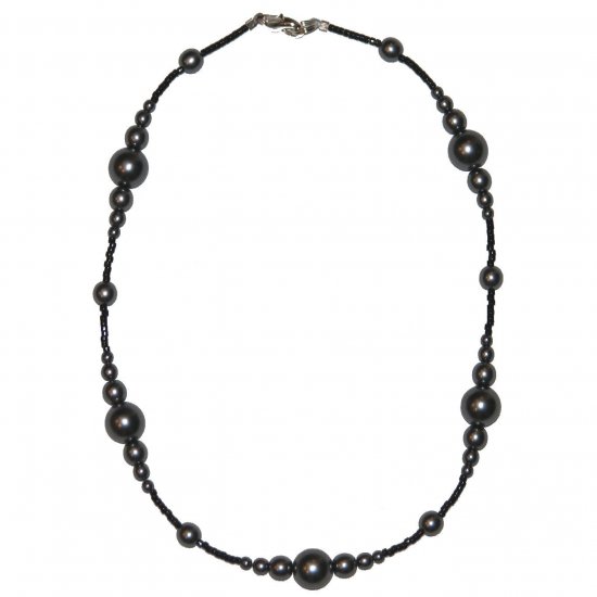 Dark Grey Pearl Glass Beads with very small black spacer beads 15.5" Necklace