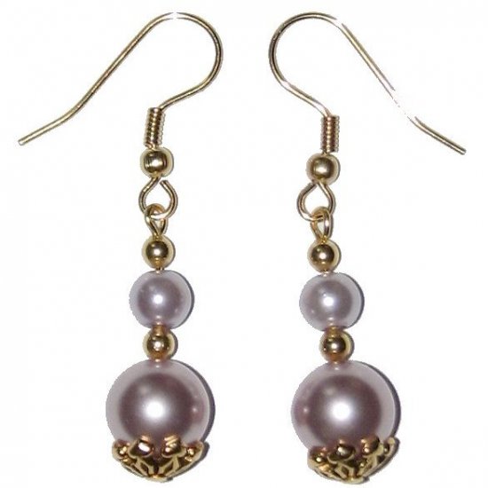 Light Lavender Glass Beaded Antique Gold Capped Gold Earrings