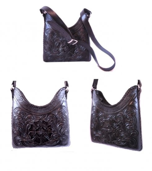 MAGNIFICENT BLACK FULL GRAIN LEATHER HAND TOOLED HANDBAG