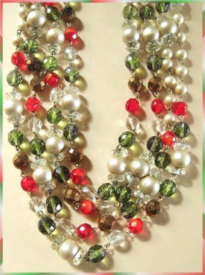Crystal Flapper Necklace Red w Green and Pearls 42" 9621