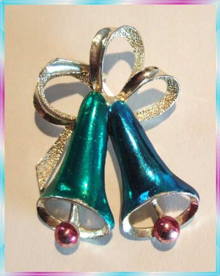 Christmas Bell Pin Satin Blue w Teal Vintage Signed Pin 9641