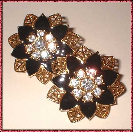 Christmas Earrings Gold Black Poinsettia w Rhinestones 9336