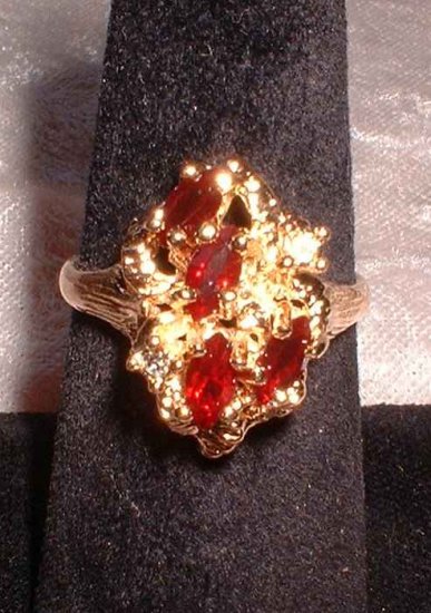Ruby Costume Ring Marquise Cuts in Gold Nugget 1960s 6963