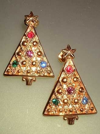 Christmas Tree Earrings Vintage Gold Rhinestone Pierced 7488