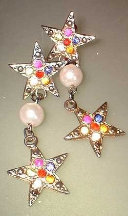 Vintage Christmas Star Earrings Rhinestones w Pearls 7521