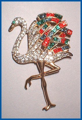 Rare Rhinestone Flamingo Bird Pin 1940s Brooch 7624