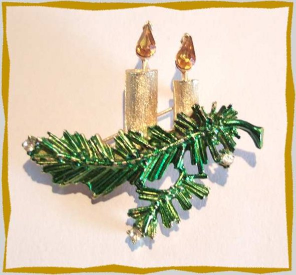 Vintage Christmas Candle Pin HEDY Gold w Citrine Flame 9633
